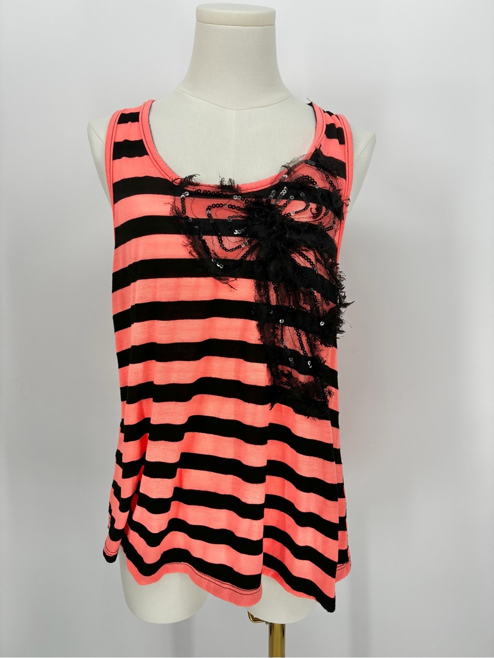 C'est Moi Striped Tank Top XL Coral Black Sequin Rosette Lace Applique Y2K Boho